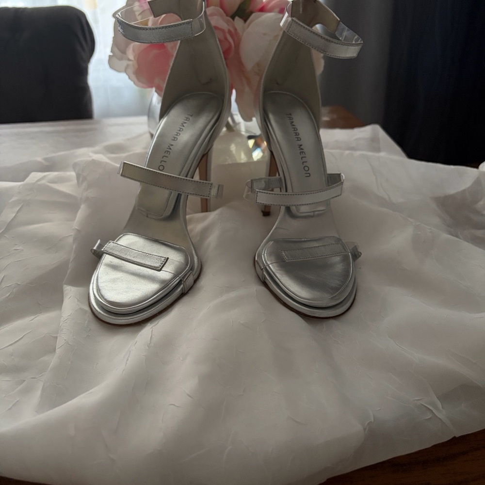 New without box , Tamara Mellon Silver High Heel leather Sandals size 38.5( 8)